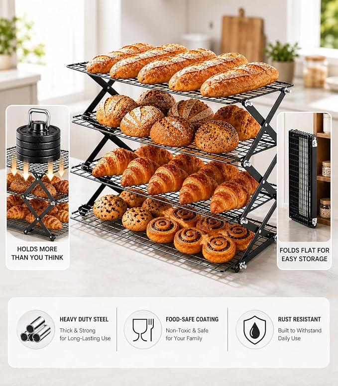 Cooling Racks For Cooking And Baking, 2/3/4-Tier Collapsible Cookie Cooling Rack With Adjustable 3 Setting Design Stackable Roasting Cooking Drying Wire Cooling Rack For Cookies Bread Baking