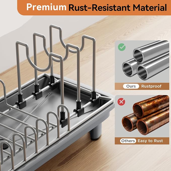 Laveshop Small Dish Drying Rack, Compact Dish Drainer for Kitchen Counter, with Adjustable Back Slots, Space-Saving for Small Kitchens, Gray