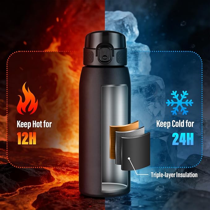 Insulated Water Bottle 18 oz with Dustproof Lid, Carry Handle & Tea Infuser, BPA-Free & Leakproof, Stainless Steel Water Bottles Ideal for Fitness, Hiking, Office & Outdoor Use （Black ）