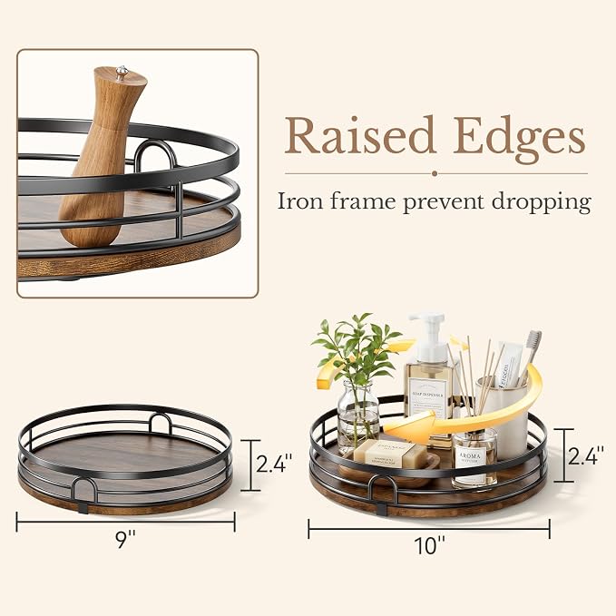 2 Pack 9" 10" Lazy Susan Turntable Organizer for Table Top | Round Wooden Lazy Susan for Cabinet, Countertop, Pantry, Spice, Kitchen, Bathroom Vanity, Coffee, Home Decor