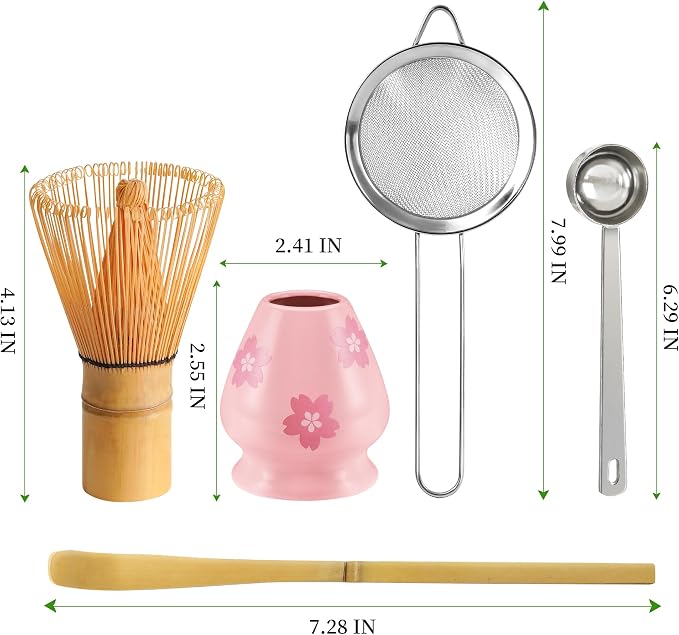 YIBO Matcha Whisk Set, Matcha Making Kit Bamboo Whisk (Chasen), Pink Printing Ceramic Whisk Holder Stand, Sifter, Scoop Japanese Tea Tools For Ceremony Gift