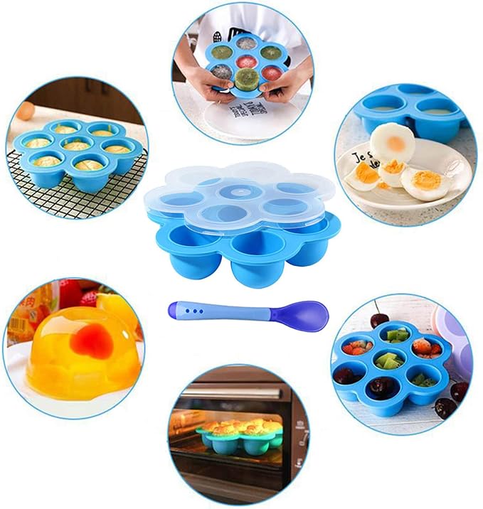 Silicone Egg Bites Mold Set of 4, Steamer Rack with Heat resistant Handle | and Spoon,Reusable Sous Vide Egg Poacher with Lid Fits Instant Pot 5,6,8 qt Pressure Cooker