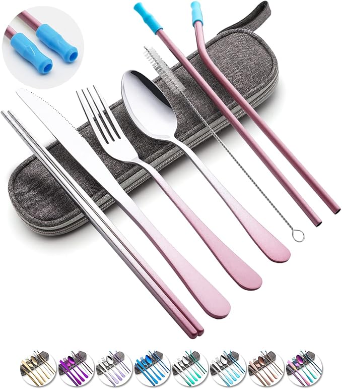 Travel Utensils Set with Case Reusable Portable Cutlery Set Stainless Steel 8pcs Including Dinner Knife Fork Spoon Chopsticks straws(Gradient Pink) | Dishwasher Including Dinner Knife Fork Spoon Chopsticks Straws Travel Fork Spoon Knife for Work, Campi...