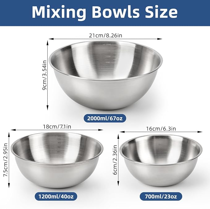 3-Set Stainless Steel Mixing Bowls Set (6.3"+7.1"+8.26"), Metal Bowl Sets with Measurement Marks, Dishwasher Safe & Stackable - Perfect for Baking, Salad Making, Meal Prep and Kitchen Use