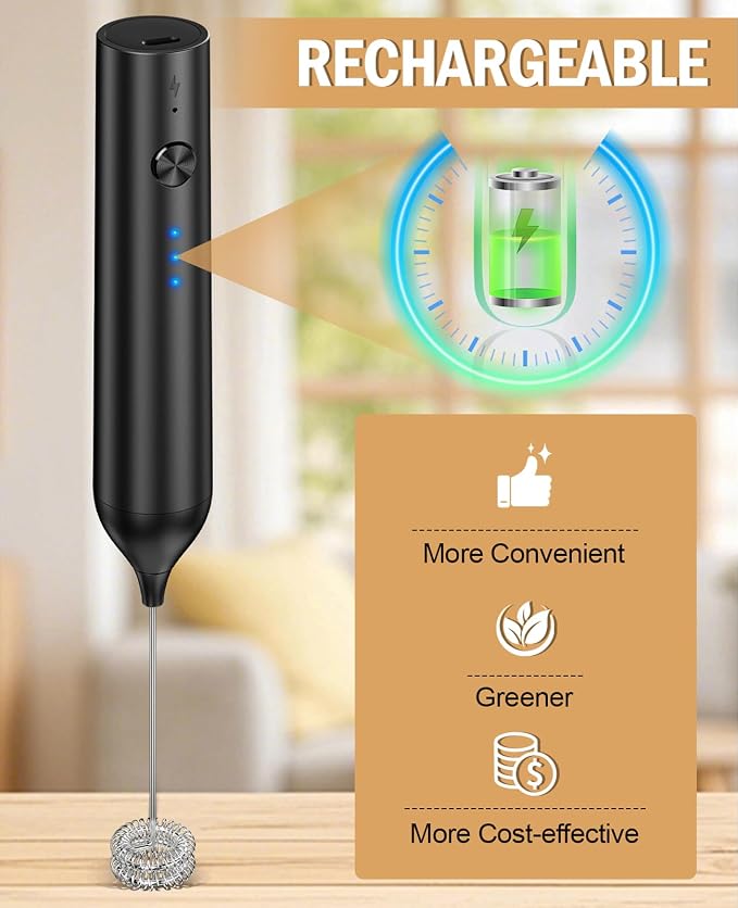 Rechargeable Milk Frother Handheld, hand mixer, Coffee Frother Handheld | Electric Frother Whisk with 3 Speeds, Portable Hand Drink Mixer with 2 Heads for Coffee, Lattes, Cappuccino, Eggs (Black)