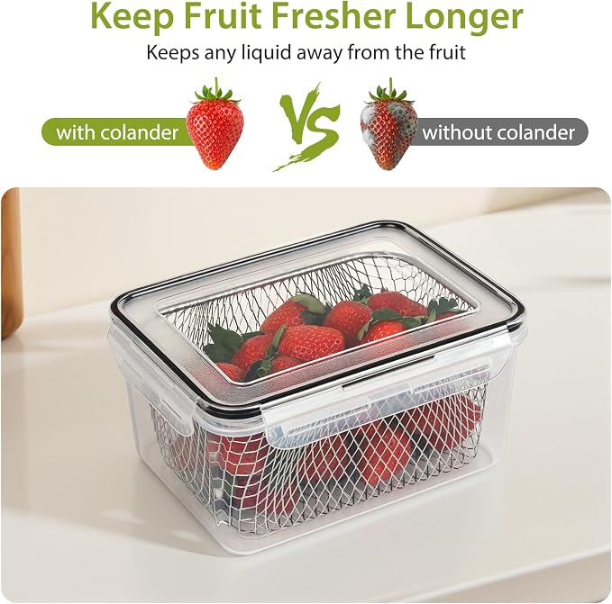 3 PCS Large Fruit storage Containers for Fridge Food Storage Containers | with Removable Colander Leakproof Dishwasher & Microwave safe Produce Containers Keep Fruits Vegetables Berry Fresh longer