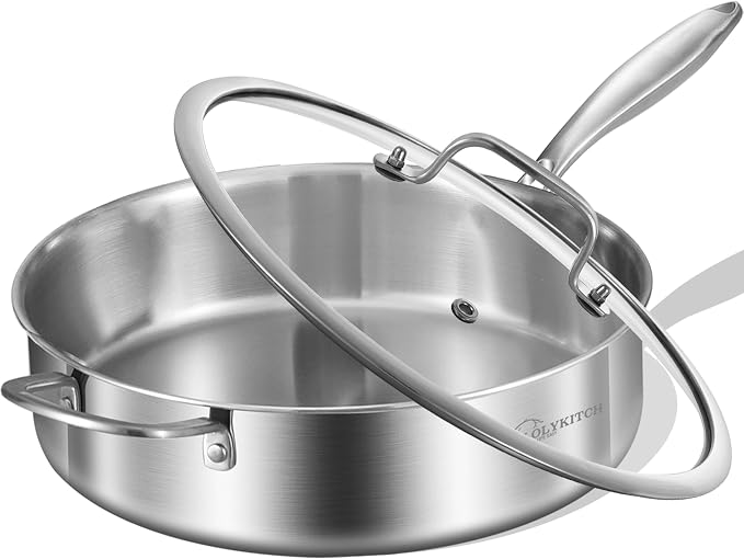 LOLYKITCH Whole Body Tri-Ply Stainless Steel 5.5 QT Sauté Pan with Lid,12 Inch Deep Frying Pan,Jumbo Cooker,Dishwasher and Oven Safe,Detachable Handle. | Whole Body Tri-Ply Stainless Steel Clad | Jumbo Cooker | Dishwasher & Oven Safe | Detachable Handl...