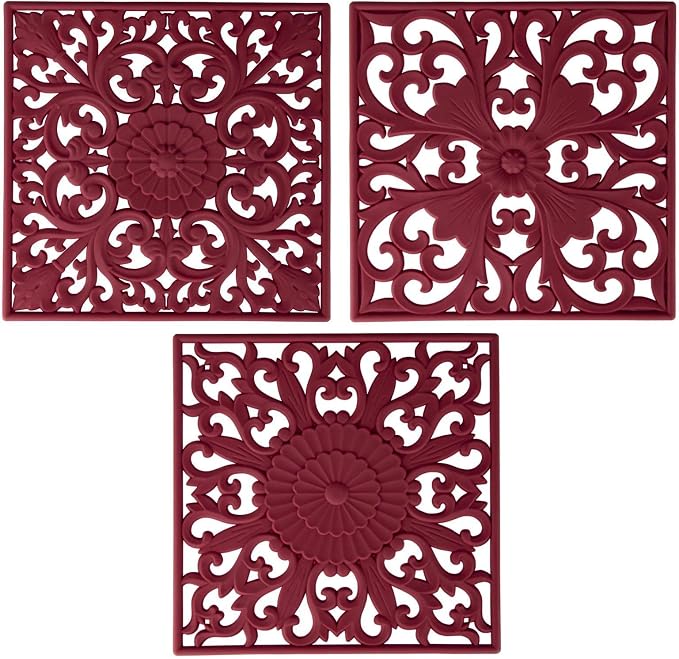 Silicone Trivets Mats for Hot Pots and Pans, Square Microwave Cover Mat for Table or Counter, Multi-Use Carved Hot Pads Flexible Modern Pad Heat Resistant Big Teapot Coaster Set of 3 Burgundy