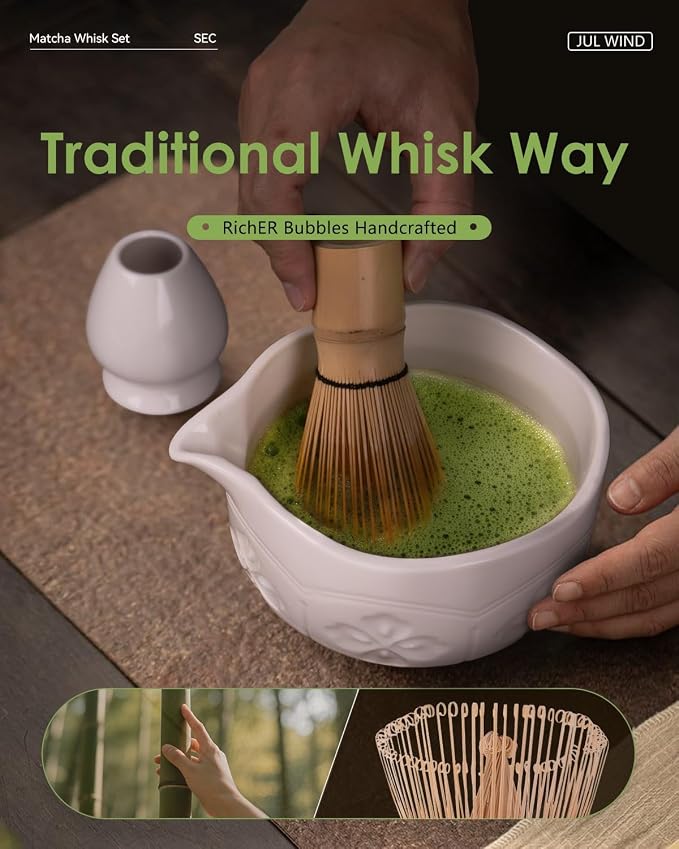 Matcha Whisk Set, Ceramic Matcha Set Includes Matcha Bowl and Matcha Whisk | Holder, Spout, Bamboo Scoop, Sifter and Tea Towel - 6 Pcs Matcha Kit Gift for Matcha Lovers Beginners