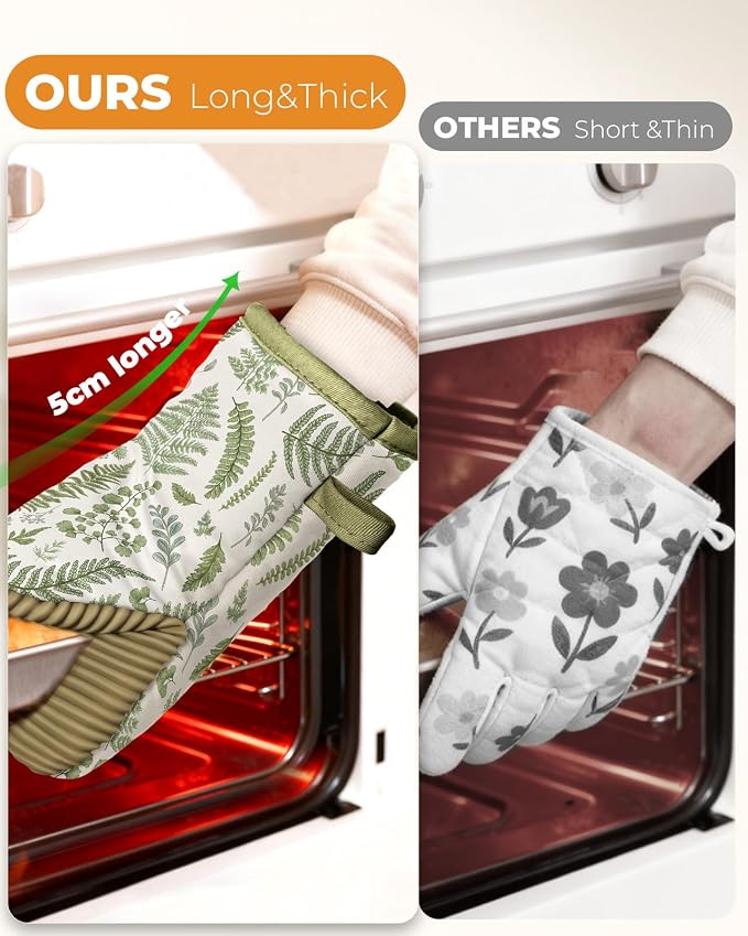 100% Thick Cotton Oven Mitts Ribbed Soft Silicone Natural Leaf | Aesthetic Oven Mitts for Women, Machine Washable Non-Slip Kitchen Mitts, Reversible for Both Hands, Stylish Kitchen Decor