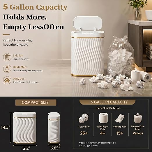 5 Gallon Automatic Bathroom Trash Can with Touchless Lid, White Gold | Motion Sensor Trash Can with Slim Waterproof Body; Small Plastic Garbage Can, hands-free lid for Bedroom, office, and kitchen