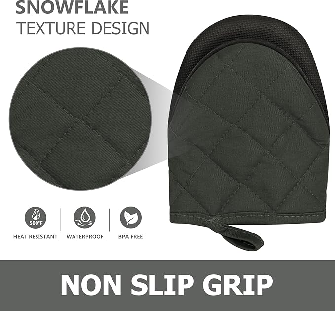 Goldmeet Mini Oven Mitts 2-Pack, 7"x5.5", 500°F Silicone Grip, Gray | Non-Slip, Heat Resistant, Machine Washable, Hanging Loop, Fits Small Hands, for Baking Grilling BBQ Cooking