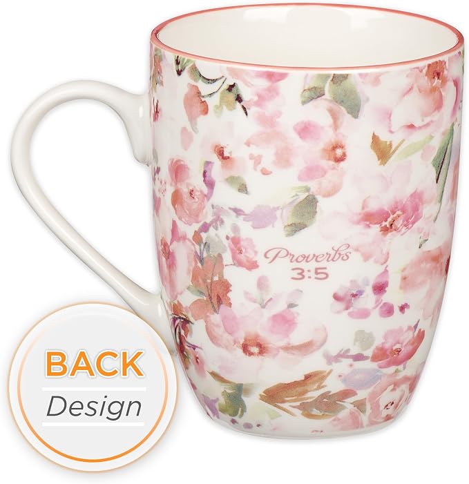 Christian Art Gifts Encouraging Ceramic Coffee & Tea Bible Verse Mug for Women: Trust in the Lord Inspirational Scripture Proverb, Microwave & Dishwasher Safe, White & Pink Watercolor Floral, 12 oz.