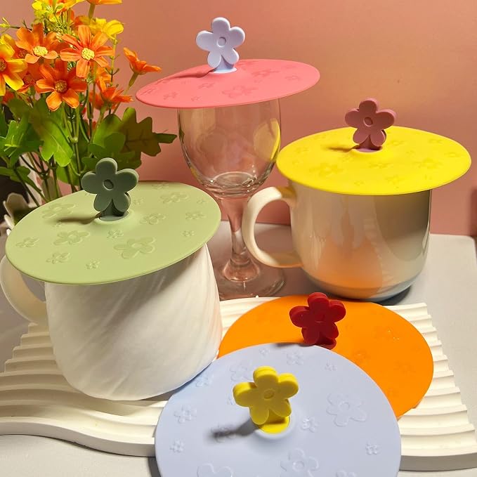 flower Silicone Cup Covers (Set of 5), Multicolored Silicone Lids for Mugs, Cups, Flexible Mug Covers, Tea Pots, Hot Cup Lids for Coffee & Tea (Style D)