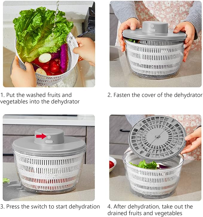 USB Electric Salad Spinner,4L Large Capacity Lettuce Vegetable Washer Dryer | Vegetable Strainer Spinner for Lettuce Fruit Drying,Automatic Compact Salad Cleaner and Dryer for Home Kitchen Gadget(White)