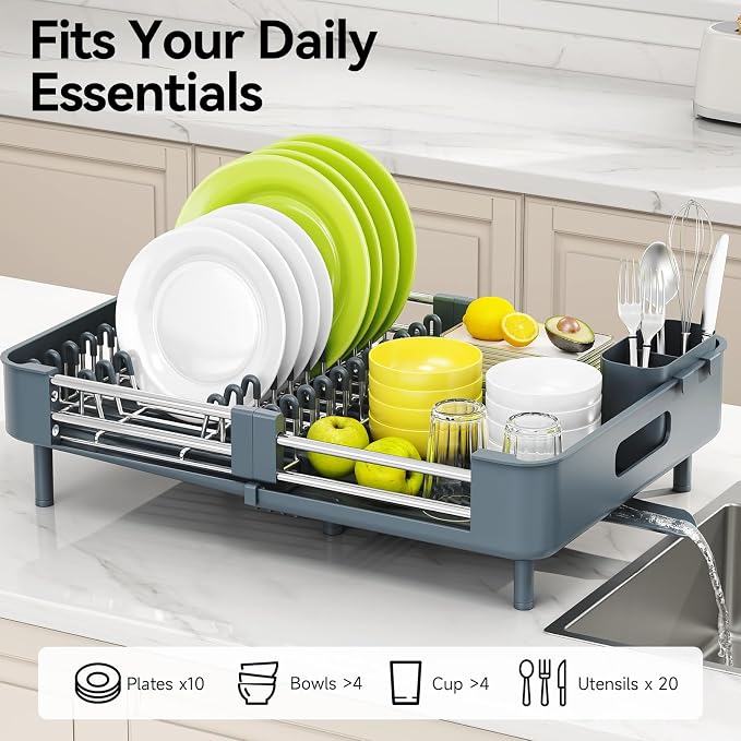 Urackify Extendable Stainless Dish Drying Rack for Kitchen Counter | 13.78"W x 18.7"L, Foldable Drainboard for Space Saving, Knife and Utensil Holder, Fast-draining Spout, Dark Slate Teal