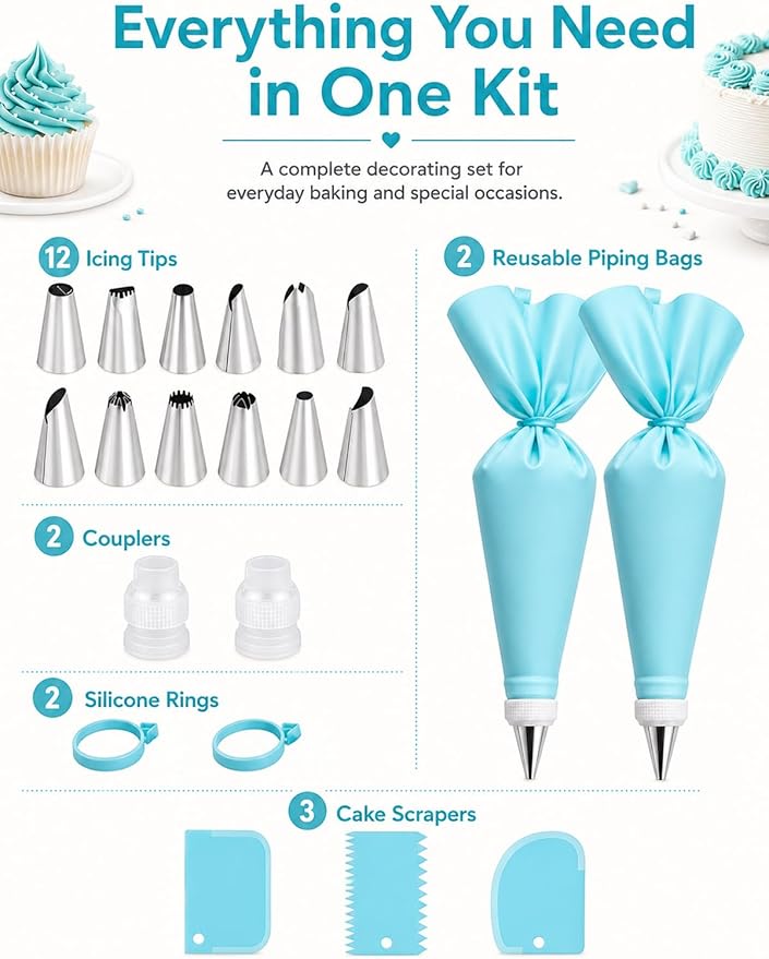 Reusable Piping Bags and Tips Set, 21-Piece Cake and Cupcake Decorating Kit | Reusable piping bags pair with 12 icing tips, couplers and scrapers for precise frosting and easy cake or cupcake decorating.