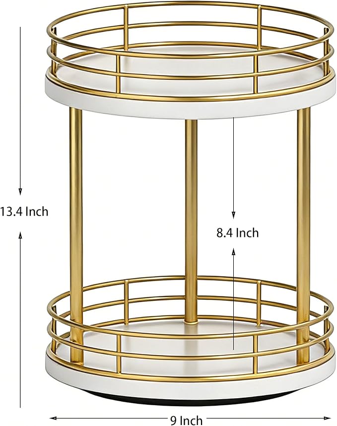 2-Tier Rotating Bathroom Countertop Organizer, Wooden Makeup Vanity Storage, Multifunctional Lazy Susan Turntable for Skincare, Perfume and Cosmetics (White-Gold)