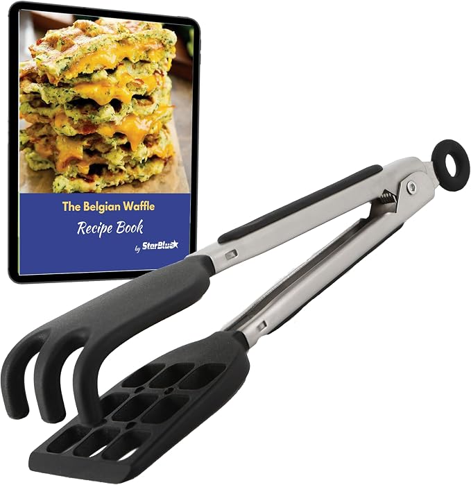 Mini Waffle Tongs by StarBlue – 8 Inches Silicone and Nylon Serving Tongs with Non-Slip Smooth Handles, Non-Scratch and Dishwasher Safe, Multipurpose Spatula Tongs for Belgian Waffle Serving
