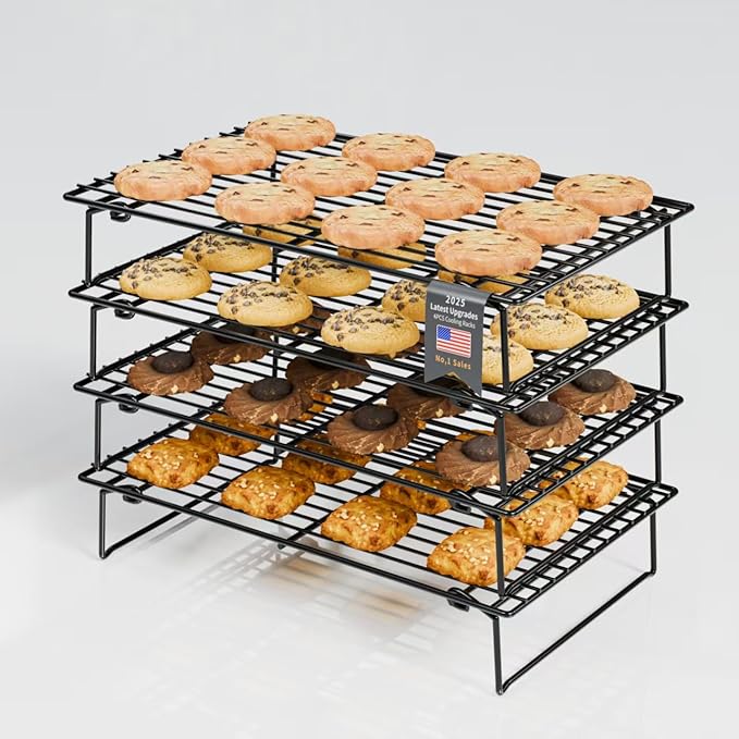 4PCS Cooling Racks for Cooking and Baking, Collapsible 4 Tiers 10"X16" Cool Batches of Cookies, Non-Stick & BPA-Free, Oven and Dishwasher Safe (Black-201)
