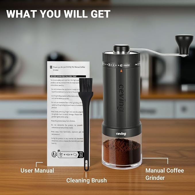 CEVING World's First 60g Large Capacity Manual Coffee Grinder, Gray | 40 External Settings, Portable Hand Coffee Bean Mill with Stainless Steel Conical Burr for Travel, Camping, Pour Over & Gift