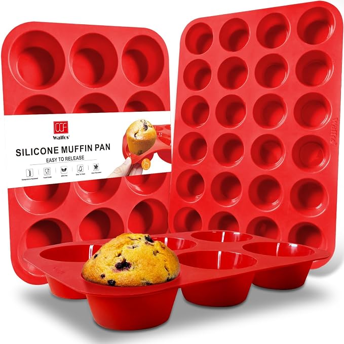 Walfos Silicone Muffin Pan - Cupcake Pans Set of 3, Including 24 Cups Mini Muffin Pans, 12 Cups Regular & 6 Cups Jumbo Muffin Pan, Release Easily - BPA Free & Dishwasher Safe