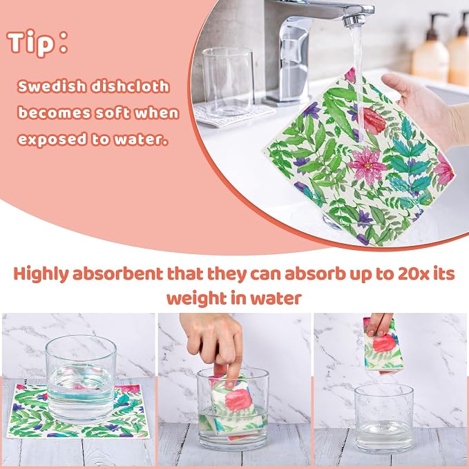 Needbrock 6 Pack Spring Floral Swedish Dishcloths for Kitchen, Swedish Rag | Absorbent Dish Towel with Adhesive Clips, Reusable Paper Towels No Odor for Countertop Dishes Cleaning Kitchen