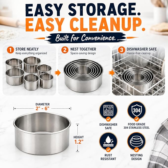 Doczen Large Round Cookie Cutter 6 PCS (2, 3, 3.5, 4, 5, 6 Inch) Set, 6-Piece Stainless Steel Biscuit Cutters, Heavy Duty Metal Ring Mold for Burger Press & Meat Shaping, Tortilla Crust