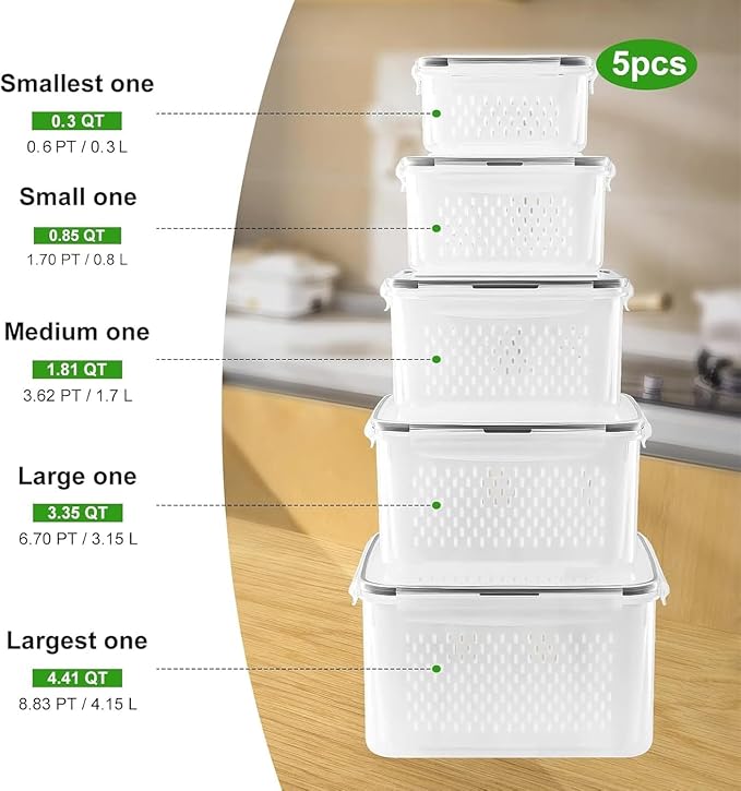 5 PCS Large Fruit storage Containers for Fridge with Colanders and Choppers | with Removable Colander Leakproof Dishwasher & Microwave safe Produce Containers Keep Fruits Vegetables Berry Fresh longer