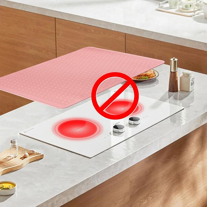 Stove Top Cover for Electric Stove - Food Grade Ceramic Stove top Cover, Silicone XXL Dish Drying Mat, Glass Cooktop Covers, Flat RV Range top Mats (Pink,30x21)