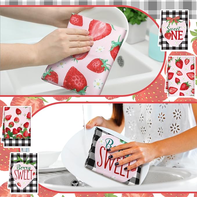 4 Pcs Strawberry Kitchen Towels Berry Hand Dish Towels Gifts | Absorbent Black Red Grid Tea Towel Fast Drying Housewarming Gift for Kitchen Bathroom Holiday Summer Strawberry Party Decor
