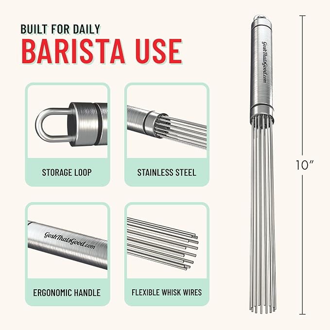 Baristir by Gosh That's Good | Barista Mixing Tool for Coffee Matcha Tea | Handheld barista mixing tool for coffee, matcha, and tea; helps reduce clumps, control foam, speed prep, and replace spoons.
