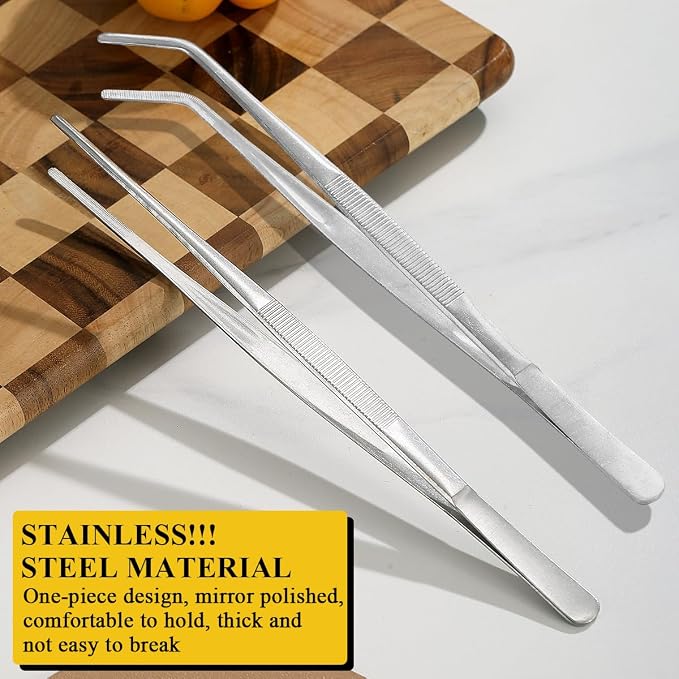 Berglander Kitchen Tweezers Tongs 2pcs, 12" Extra-Long Stainless Steel Metal Heavy Duty Cooking Tweezers for Chef, Serving Food, Grill, Culinary, Pasta, Salad, BBQ