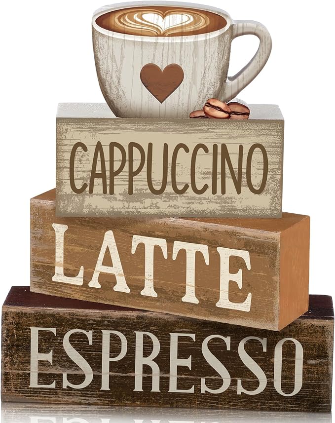 Lineshading 4 Pcs Farmhouse Coffee Bar Signs, Wooden Coffee Stacked Blocks | Vintage Coffee Bar Decor, Coffee Station Accessories with Cappuccino Latte, Table Decor for Home Kitchen Office Tiered Tray