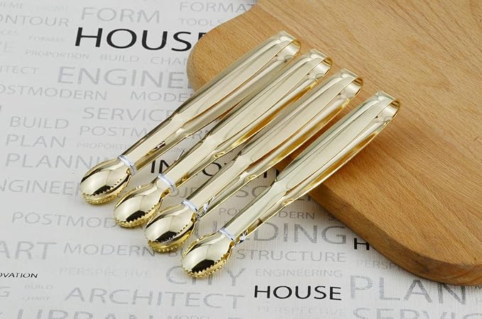 HINMAY Mini Appetizer Tongs 5.75" Stainless Steel Tongs, Set of 4 (Gold) | Small Tongs for Serving, Tea Party, Coffee Bar, Desserts