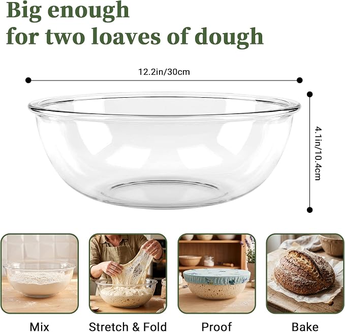 Glass Mixing Bowls 6.3 QT with Reusable Beeswax Bowl Covers for Sourdough Bread Making, 12 Inch Thickened Clear Large Salad Bowls for Kitchen Baking, Food Prep, Prepping, Microwave & Dishwasher Safe