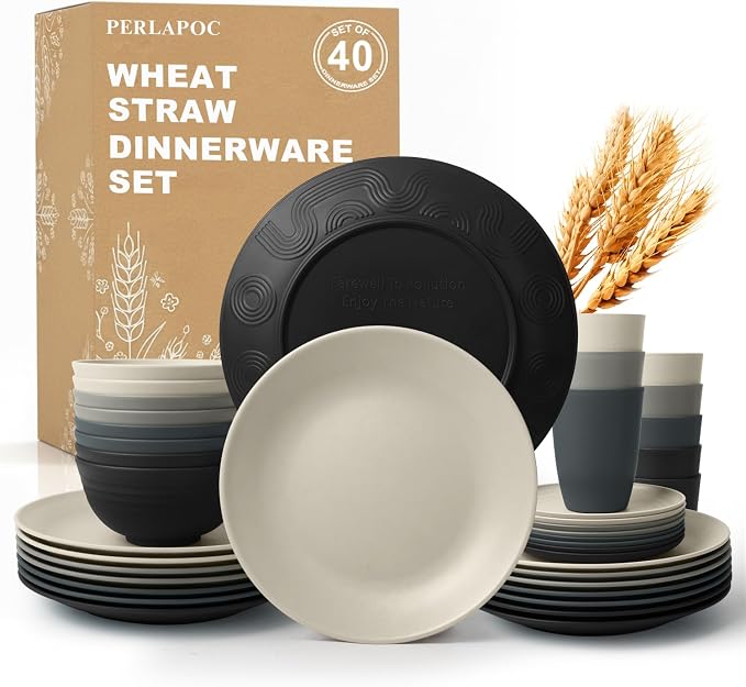 Wheat Straw Dinnerware Sets 40 PCS - Unbreakable Plates and Bowls Sets for 8,Party Kitchen Camping RV Dishwasher & Microwave Safe Modern Lightweight Dishware Sets - Black Grey