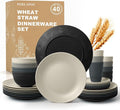 Wheat Straw Dinnerware Sets 40 PCS - Unbreakable Plates and Bowls Sets for 8,Party Kitchen Camping RV Dishwasher & Microwave Safe Modern Lightweight Dishware Sets - Black Grey