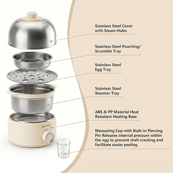 14 Eggs Electric Egg Cooker, 350W Rapid Egg Boiler with 30-Min Timer & Auto Shut-Off, Stainless Steel, Dishwasher Safe for Soft, Medium, Hard Boiled, Steamed Eggs, Vegetables & Seafood, Beige