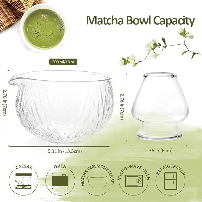Matcha Bowl and Whisk Holder Set, Glass Matcha Bowl with Spout, Ceremonial Mixing Chawan, Clear Traditional Japanese Matcha Kit for Tea/Matcha Powder/Soup - Hammer Pattern