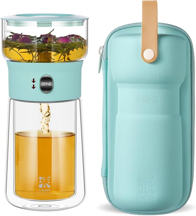 ZENS Modern Glass Infuser Teapot, One Touch Tea Release Loose Tea Maker | Loose Leaf Tea Diffusers, Magic Teapot with 9oz Mug, Portable Tea Infuser with Case, Tea Lovers Gifts, Blue