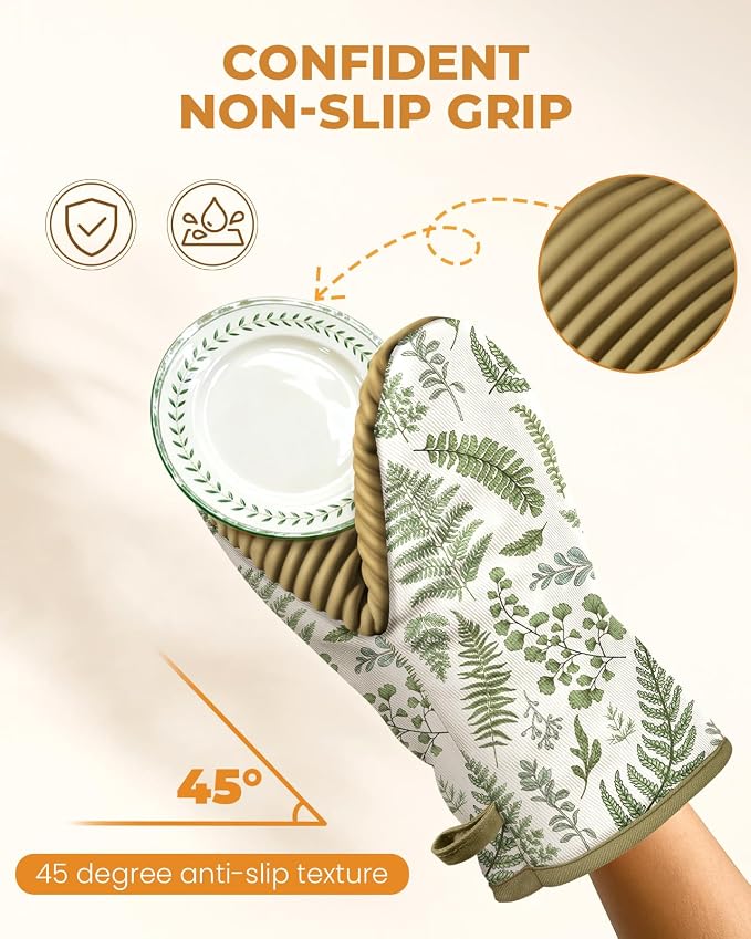 100% Thick Cotton Oven Mitts Ribbed Soft Silicone Natural Leaf | Aesthetic Oven Mitts for Women, Machine Washable Non-Slip Kitchen Mitts, Reversible for Both Hands, Stylish Kitchen Decor