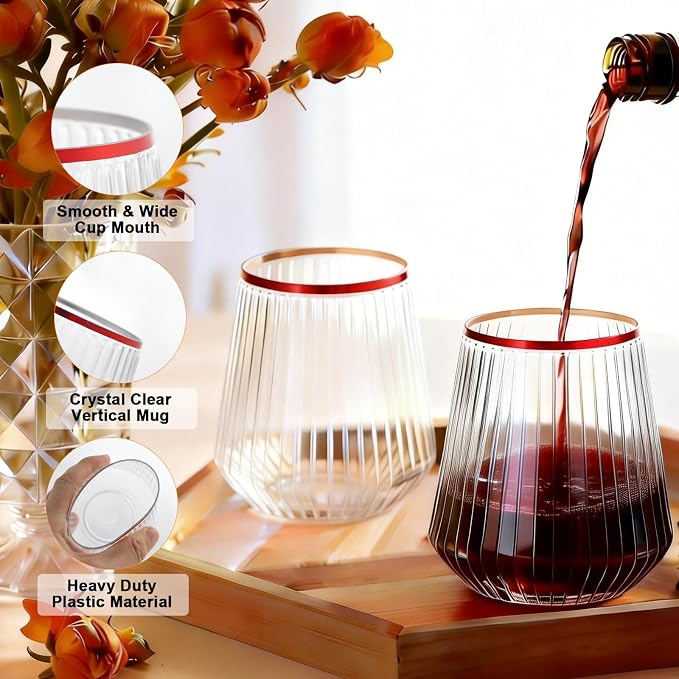 BESTSTAR 36 Pcs 12oz Plastic Clear Red Rim Ribbed Wine Glasses | Origami Ripple Disposable Champagne Glasses Elegant Whiskey Glasses Ideal for Weddings,Bars,Christmas, Pool Party, Daily Use