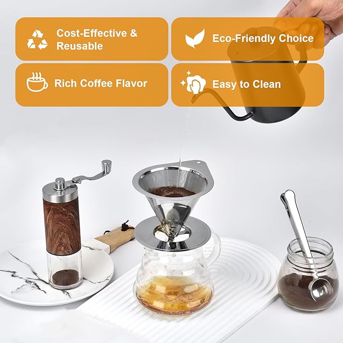 NKOVE Pour Over Coffee Dripper Stainless Steel Reusable Filter Coffee Maker | Reusable Metal Cone Filter, Fine Mesh Stainless Steel, Home Pour Over Brewing, Paperless Coffee Filter