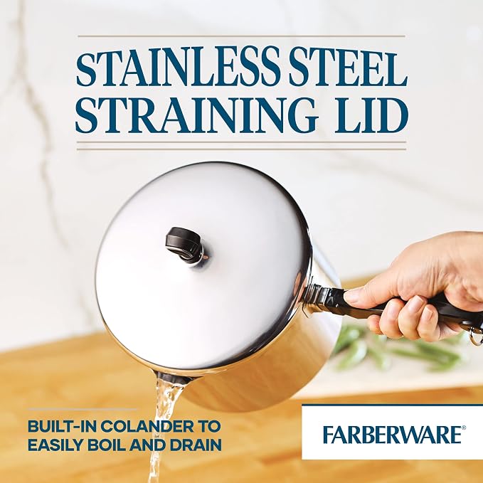 Farberware Classic Series Stainless Steel Straining Sauce Pan with Lid, 3-Quart Sauce Pan With Pour Spout