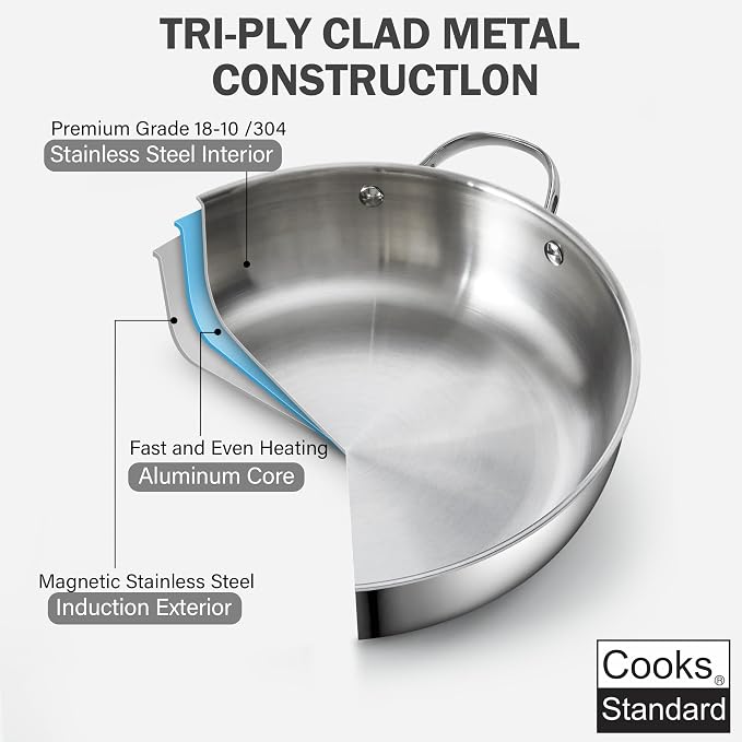 Cooks Standard Multi-Ply Clad 12-Inch Stainless Steel Wok Stir Fry Pan with Glass Lid, Large Stainless Steel Deep Frying Pan, Everyday Chef's Pan Flat Bottom Wok Induction Cookware