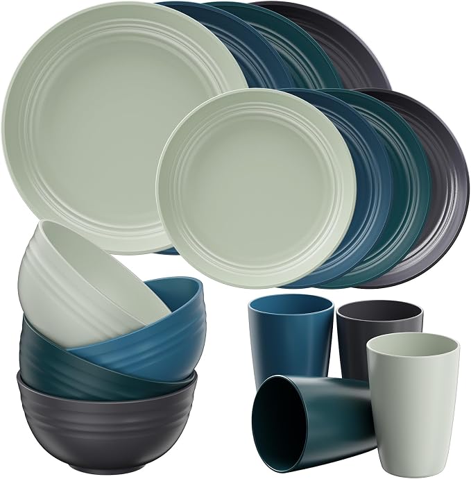 Quatish 16 Pcs Unbreakable Plates and Bowls, Plastic Dinnerware Sets for 4, Reusable Dish Set for Camping, Dishwasher Microwave Safe, Outdoor Kitchen and Apartment Dinning RV Essentials, Green