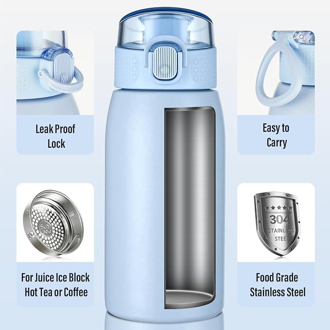 Insulated Water Bottle 12 oz with Dustproof Lid, Carry Handle & Tea Infuser, BPA-Free & Leakproof, Stainless Steel Water Bottles Ideal for Fitness, Hiking, Office & Outdoor Use （Light Blue ）