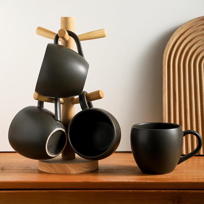 Coffee Mugs Set of 4, Black 16 oz Coffee Mugs for Latte Cappuccino Cocoa and Tea, Ceramic Coffee Cups With Handle,Stoneware Mugs for Housewarming Gifts, Microwave＆Dishwasher Safe