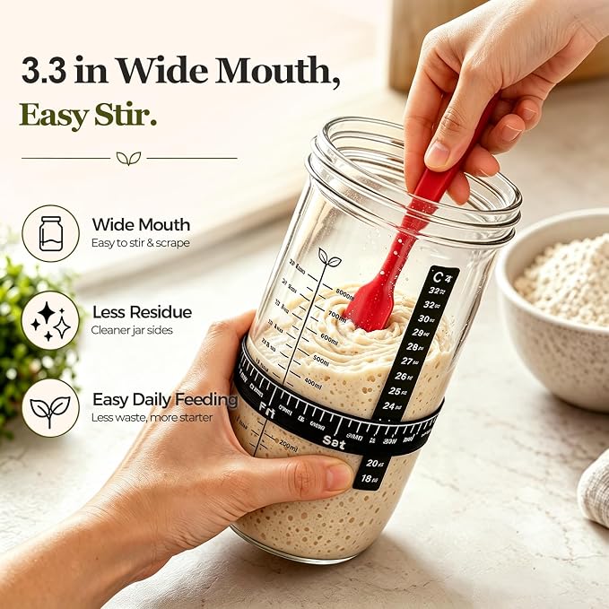 ComSaf Sourdough Starter Jars, 2 Pack Wide Mouth Mason Jars 34oz (1L) | BPA-Free Materials, Quart Size Glass Jars, Stainless Steel Lid, Gifts For Sourdough Bread Bakers And Enthusiasts